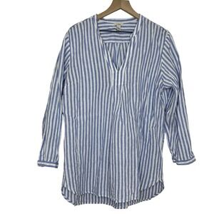 LL Bean Women XL Shirt Tunic Top Popover Blue White Striped 100% Linen Coastal
